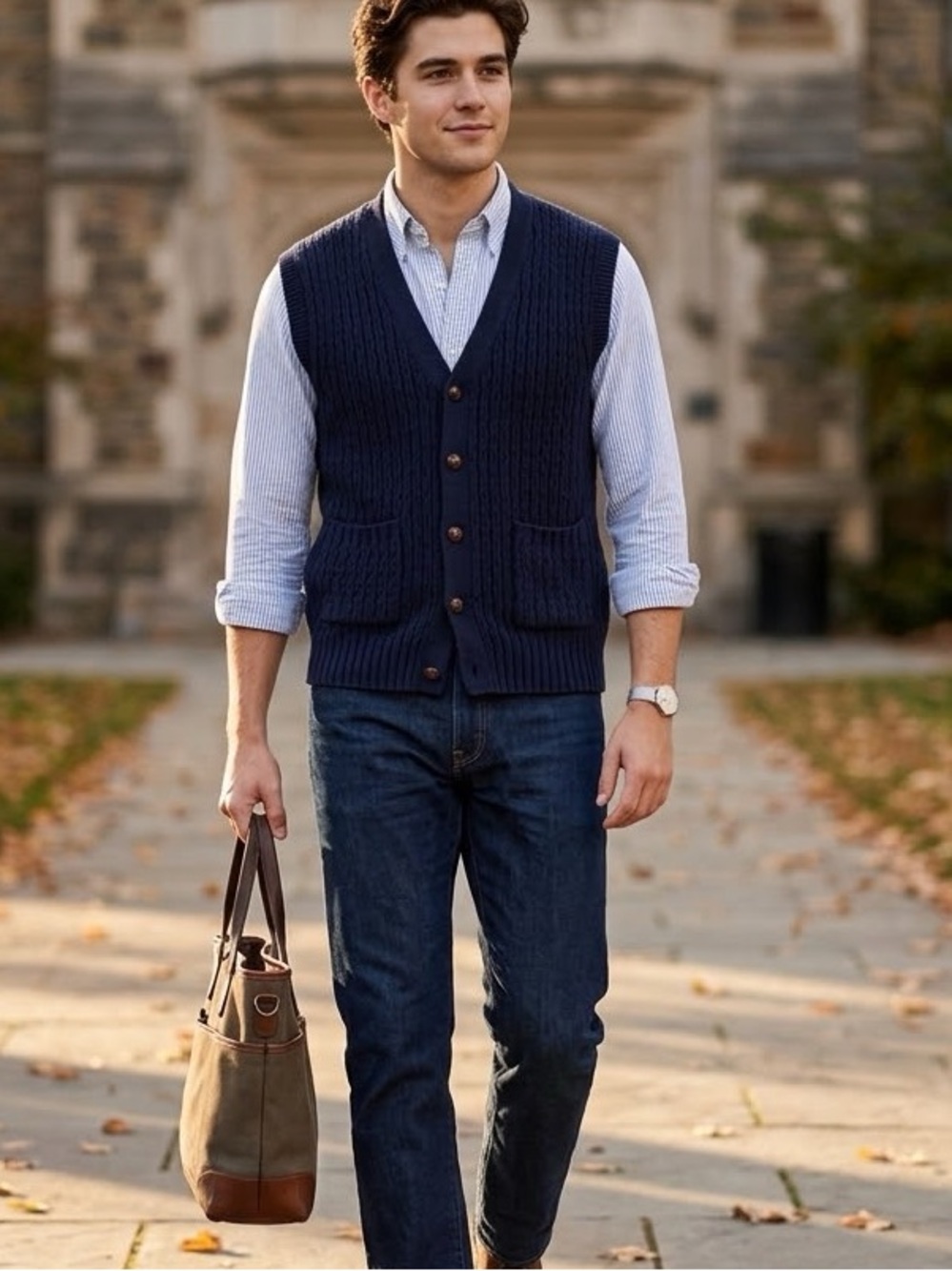Vintage Towncraft Navy Blue Cardigan Vest Mens Large Grandpacore Knit Pockets